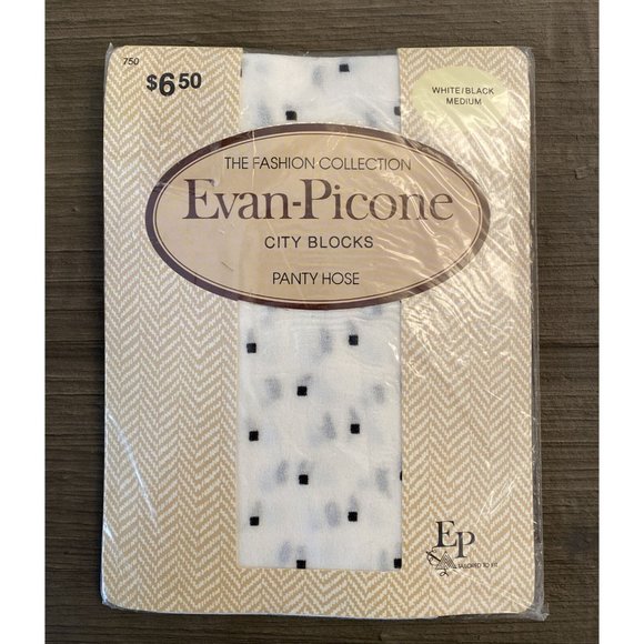 Vintage Evan-Picone City Blocks Panty Hose Medium White w/Black dots #750 - Picture 1 of 8
